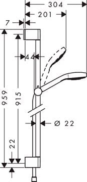 HANSGROHE CROMA SELECT E 1JET sprchová súprava 3-dielna, ručná sprcha 110x110 mm, tyč, hadica, biela/chróm 26594400 Technický nákres