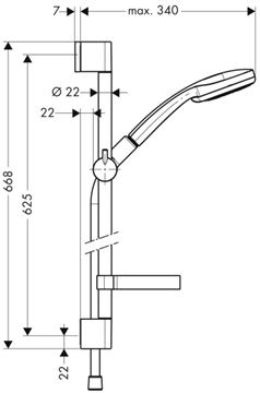 HANSGROHE CROMA 100 ručná sprcha 668mm, s tyčou, hadicou a mydlovničkou, chróm 27775000 Technický nákres