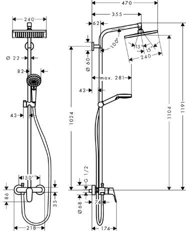 HANSGROHE CROMETTA S 240 SHOWERPIPE sprchový set s batériou, horná sprcha, ručná sprcha s 2 prúdmi, tyč, hadica, chróm 27269000 Technický nákres