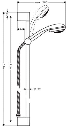 HANSGROHE CROMETTA 85 VARIO 2JET sprchová súprava 3-dielna, ručná sprcha pr. 85 mm, 2 prúdy, tyč, hadica, chróm 27762000 Technický nákres