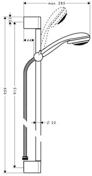 HANSGROHE CROMETTA 85 VARIO 2JET sprchová súprava 3-dielna, ručná sprcha pr. 85 mm, 2 prúdy, tyč, hadica, chróm 27762000 Technický nákres