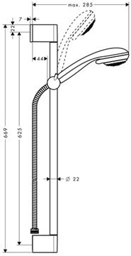 HANSGROHE CROMETTA 85 VARIO 2JET sprchová súprava 3-dielna, ručná sprcha pr. 85 mm, 2 prúdy, tyč, hadica, chróm 27763000 Technický nákres