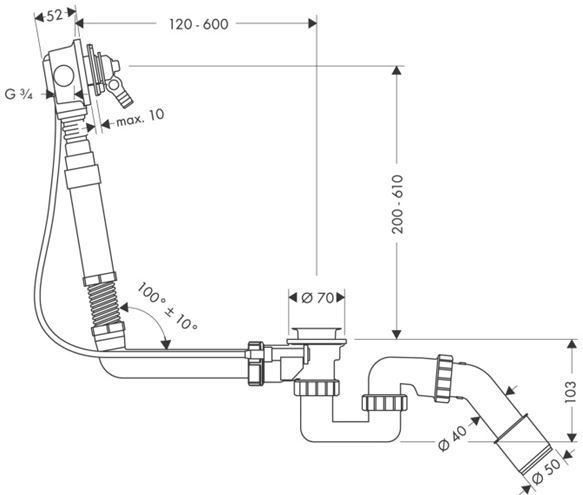 HANSGROHE EXAFILL vaňový sifón 78 cm, s napúšťaním prepadom, bovden 58126180 Technický nákres
