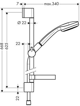 HANSGROHE CROMA 100 1JET sprchová súprava 4-dielna, ručná sprcha pr. 100 mm, tyč, hadica, mydelnička, chróm 27717000 Technický nákres