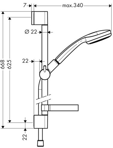 HANSGROHE CROMA 100 1JET sprchová súprava 4-dielna, ručná sprcha pr. 100 mm, tyč, hadica, mydelnička, chróm 27717000 Technický nákres
