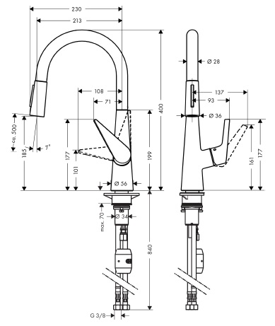 HANSGROHE TALIS M51 drezová batéria, s vyťahovacou sprškou, chróm 72813000 Technický nákres