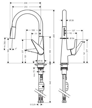 HANSGROHE TALIS M51 drezová batéria, s vyťahovacou sprškou, chróm 72813000 Technický nákres