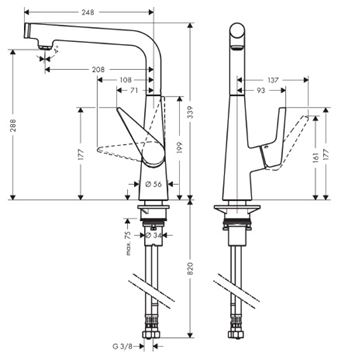 HANSGROHE TALIS SELECT M51 drezová batéria, chróm 72820000 Technický nákres