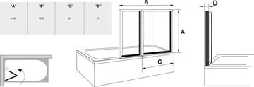 RAVAK VS2 vaňová zástena 105x140 cm, skladacia, satin/plast rain 796M0U0041 Technický nákres