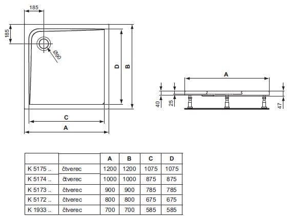 IDEAL STANDARD ULTRA FLAT sprchová vanička 90x90 cm, akrylát, bez nožičiek K517301 Technický nákres