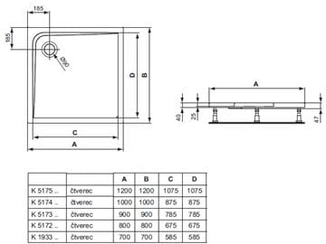 IDEAL STANDARD ULTRA FLAT sprchová vanička 90x90 cm, akrylát, bez nožičiek K517301 Technický nákres