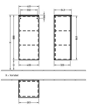 VILLEROY & BOCH VERITY LINE nízka skrinka 40,1x34,3x88,8 cm, 1 dvierka, pánty vpravo, Push-open, Glossy White B51601DH Technický nákres