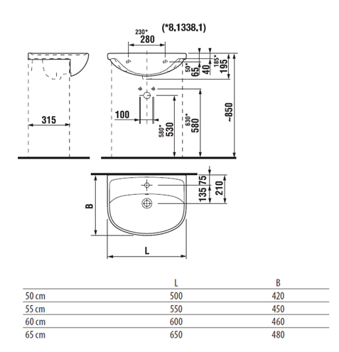JIKA LYRA PLUS umývadlo 55 cm, s otvorom pre batériu a prepadom H8133820001041 Technický nákres