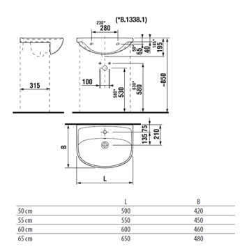 JIKA LYRA PLUS umývadlo 55 cm, s otvorom pre batériu a prepadom H8133820001041 Technický nákres