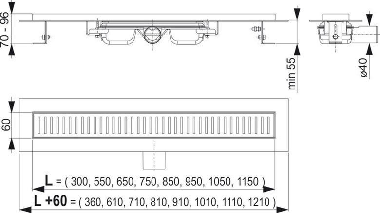 CONCEPT 100 LOW sprchový žľab 1150 mm, do priestoru aj k stene, bočný odtok DN 40, bez roštu, PP/nerez oceľ ZPC101-1150 Technický nákres