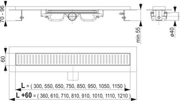 CONCEPT 100 LOW sprchový žľab 1150 mm, do priestoru aj k stene, bočný odtok DN 40, bez roštu, PP/nerez oceľ ZPC101-1150 Technický nákres