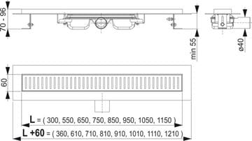 CONCEPT 100 LOW sprchový žľab 950 mm, do priestoru, bočný odtok DN 40, bez roštu, PP/nerez oceľ ZPC101-950 Technický nákres