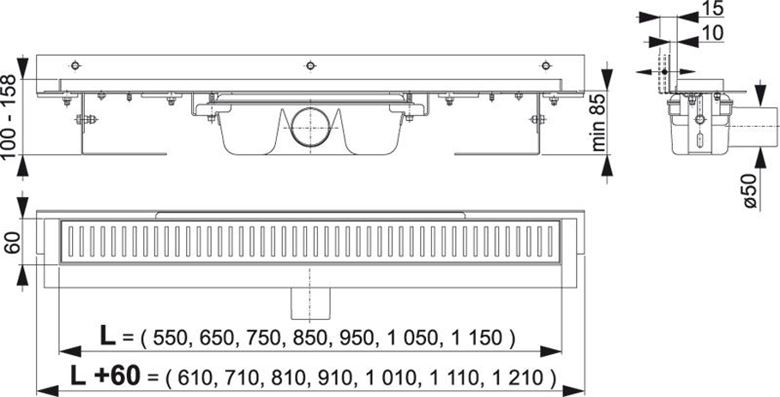 CONCEPT 100 FLEXIBLE sprchový žľab 1150 mm, k stene, bočný odtok DN 50, bez roštu, PP/nerez oceľ ZPC4-1150 FLEX Technický nákres