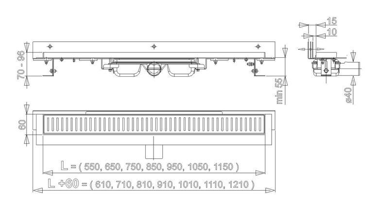CONCEPT 100 FLEXIBLE LOW sprchový žľab 850 mm, k stene, bočný odtok DN 40, bez roštu, PP/nerez oceľ ZPC104-850 FLEX Technický nákres