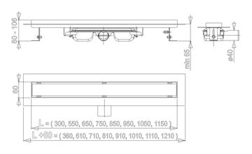 CONCEPT 100 PROFESSIONAL LOW sprchový žľab 650 mm, do priestoru aj k stene, bočný odtok DN 40, bez roštu, PP/nerez oceľ ZPC106-650 Technický nákres