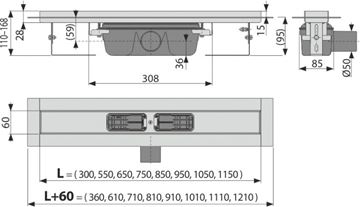 CONCEPT 100 PROFESSIONAL sprchový žľab 850 mm, do priestoru aj k stene, bočný odtok DN 50, bez roštu, PP/nerez oceľ ZPC6-850 Technický nákres