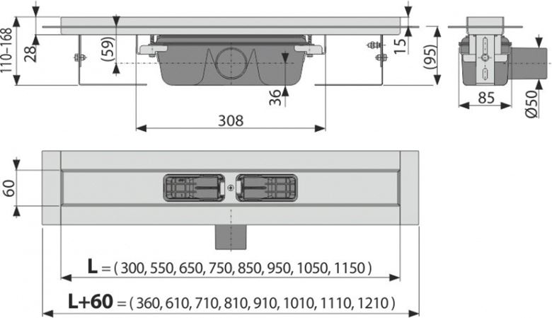 CONCEPT 100 PROFESSIONAL sprchový žľab 850 mm, do priestoru aj k stene, bočný odtok DN 50, bez roštu, PP/nerez oceľ ZPC6-850 Technický nákres