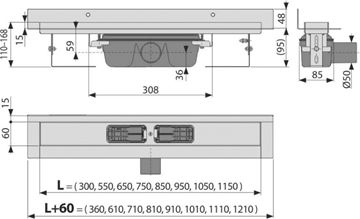 CONCEPT 100 WALL sprchový žľab 850 mm, k stene, bočný odtok DN 50, bez roštu, PP/nerez oceľ ZPC16-850 Technický nákres