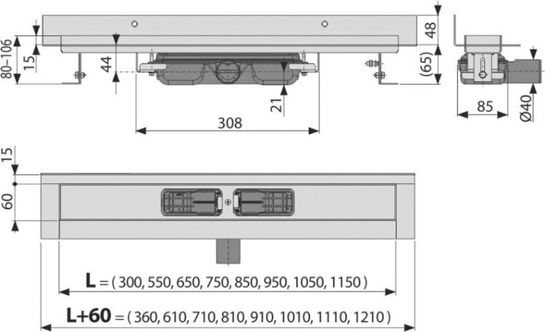 CONCEPT 100 WALL LOW sprchový žľab 850 mm, k stene, bočný odtok DN 40, bez roštu, PP/nerez oceľ ZPC116-850 Technický nákres