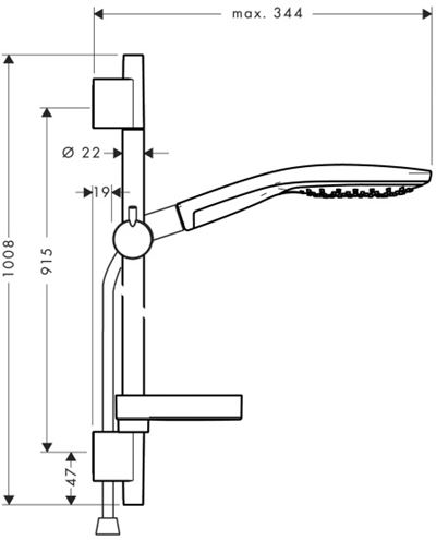 HANSGROHE RAINDANCE SELECT S 150 3JET sprchová súprava 4-dielna, ručná sprcha pr. 150 mm, 3 prúdy, tyč, hadica, mydelnička, chróm 27803000 Technický nákres