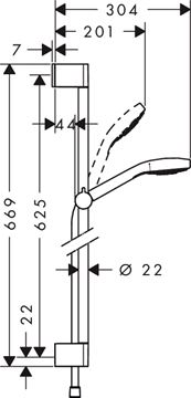 HANSGROHE CROMA SELECT E 1JET sprchová súprava 3-dielna, ručná sprcha 110x110 mm, tyč, hadica, biela/chróm 26584400 Technický nákres
