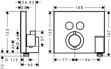 HANSGROHE SHOWER SELECT podomietková termostatická batéria, pre 2 spotrebiče, s pripojením pre hadicu as držiakom, chróm 15765000 Technický nákres