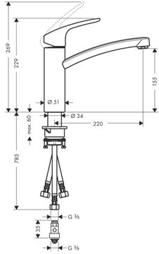 HANSGROHE FOCUS M41 drezová batéria, pre beztlakové ohrievače vody, chróm 31804000 Technický nákres