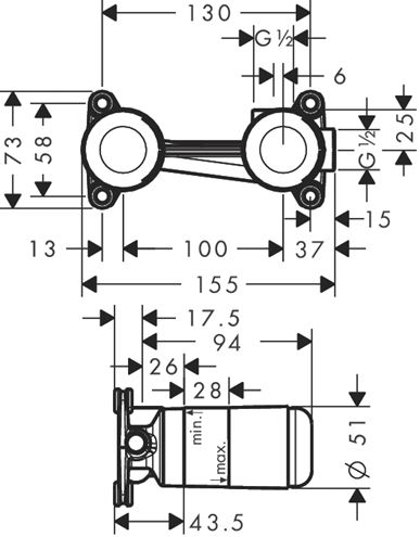 HANSGROHE podomietkové teleso DN15 13622180 Technický nákres