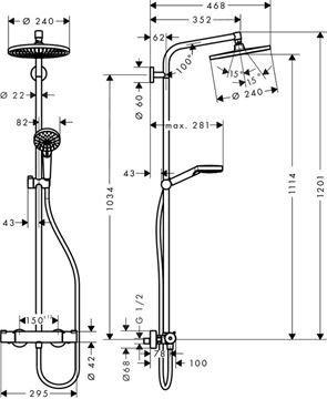 HANSGROHE CROMETTA S SHOWERPIPE 240 sprchový set s termostatickou batériou, horná sprcha, ručná sprcha s 2 prúdmi, tyč, hadica, chróm 27267000 Technický nákres