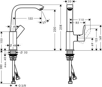 HANSGROHE METRIS umývadlová stojanková batéria, s odtokovou súpravou, EcoSmart, chróm 31187000 Technický nákres