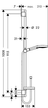 HANSGROHE RAINDANCE SELECT S 120 3JET sprchová súprava 4-dielna, ručná sprcha pr. 125 mm, 3 prúdy, tyč, hadica, mydelnička, biela/chróm 26631400 Technický nákres