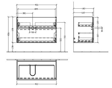 VILLEROY & BOCH VERITY LINE skrinka pod umývadlo 95,5x48,2x61,8 cm, 2 zásuvky, Oak Nebraska B66100PJ Technický nákres