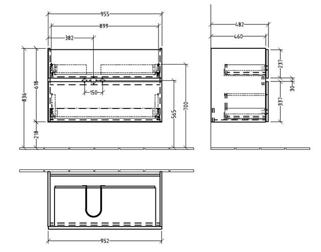 VILLEROY & BOCH VERITY LINE skrinka pod umývadlo 95,5x48,2x61,8 cm, 2 zásuvky, Oak Nebraska B66100PJ Technický nákres