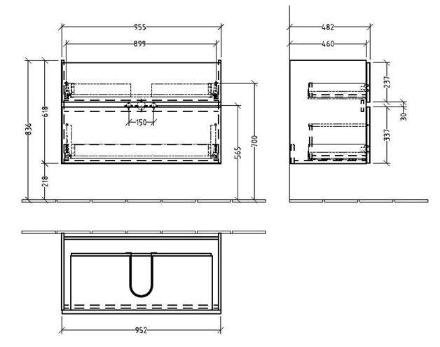 VILLEROY & BOCH VERITY LINE skrinka pod umývadlo 95,5x48,2x61,8 cm, 2 zásuvky, Glossy Grey B66000FP Technický nákres