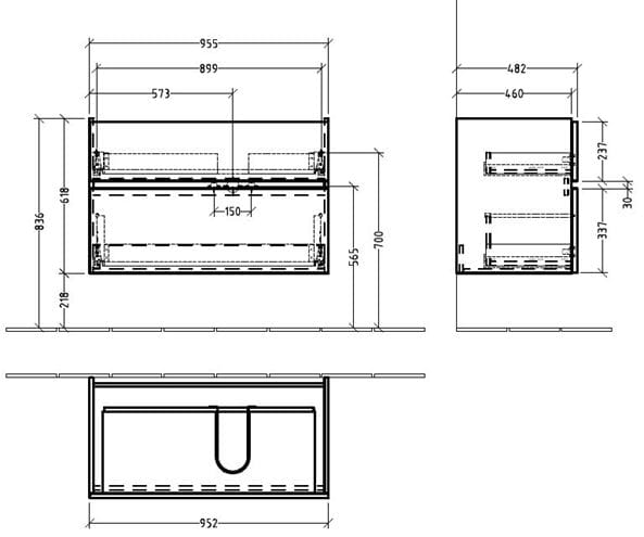 VILLEROY & BOCH VERITY LINE skrinka pod umývadlo 95,5x48,2x61,8 cm, 2 zásuvky, Glossy White B66200DH Technický nákres