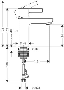 HANSGROHE METRIS S umývadlová stojanková batéria, s odtokovou súpravou, EcoSmart, chróm 31060000 Technický nákres