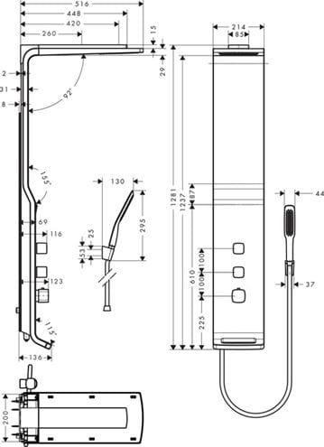 HANSGROHE RAINDANCE LIFT 180 termostatický sprchový panel, horná sprcha s 2 prúdmi, ručná sprcha, hadica, držiak, matný chróm 27008000 Technický nákres