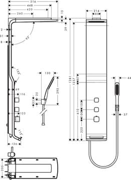 HANSGROHE RAINDANCE LIFT 180 termostatický sprchový panel, horná sprcha s 2 prúdmi, ručná sprcha, hadica, držiak, matný chróm 27008000 Technický nákres