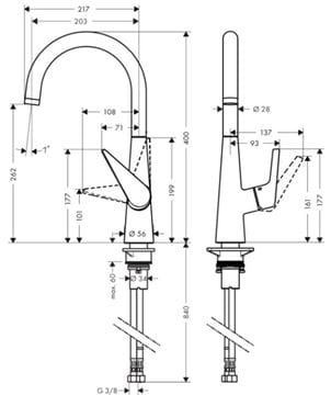 HANSGROHE TALIS M51 drezová batéria, nerez 72810800 Technický nákres