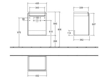 VILLEROY & BOCH VERITY DESIGN 2.0 skrinka pod umývadielko 43,5x36,2x54 cm, 1 dvierka, pánty vľavo, Oak Nebraska B07800PJ Technický nákres