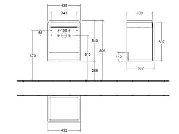 VILLEROY & BOCH VERITY DESIGN 2.0 skrinka pod umývadielko 43,5x36,2x54 cm, 1 dvierka, pánty vľavo, Oak Kansas B07800RH Technický nákres