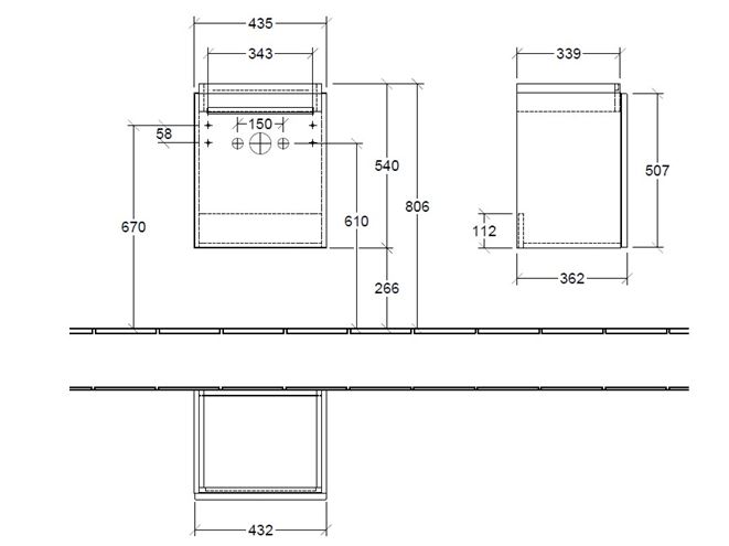 VILLEROY & BOCH VERITY DESIGN 2.0 skrinka pod umývadielko 43,5x36,2x54 cm, 1 dvierka, pánty vľavo, Oak Kansas B07800RH Technický nákres