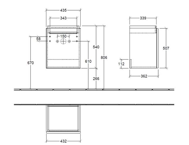VILLEROY & BOCH VERITY DESIGN 2.0 skrinka pod umývadielko 43,5x36,2x54 cm, 1 dvierka, pánty vpravo, Oak Nebraska B07801PJ Technický nákres