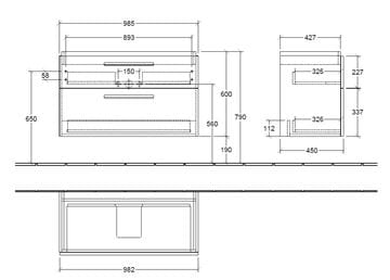 VILLEROY & BOCH VERITY DESIGN 2.0 skrinka pod umývadlo 98,5x45x60 cm, 2 zásuvky, Glossy Grey B07300FP Technický nákres