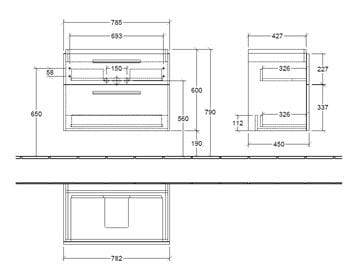 VILLEROY & BOCH VERITY DESIGN 2.0 skrinka pod umývadlo 78,5x45x60 cm, 2 zásuvky, Sandgrey Matt B07400VD Technický nákres